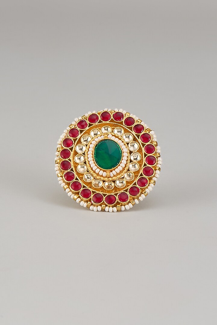 Gold Finish Kundan Polki Adjustable Ring by Studio6 Jewels at Pernia's Pop Up Shop