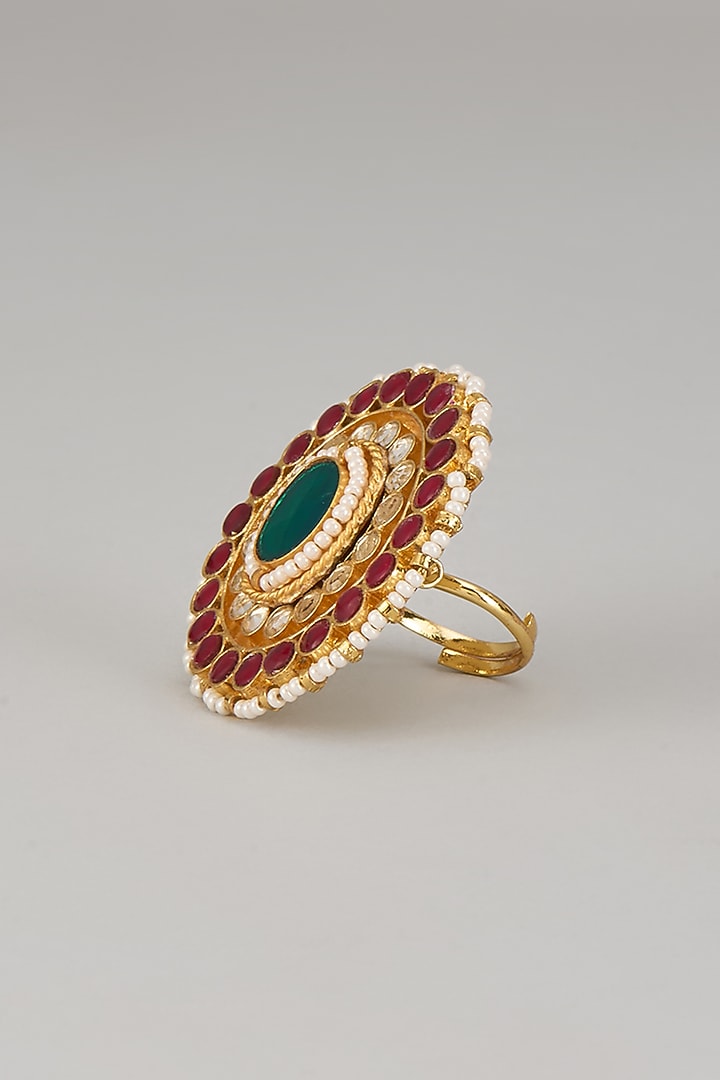 Gold Finish Kundan Polki Adjustable Ring by Studio6 Jewels at Pernia's Pop Up Shop