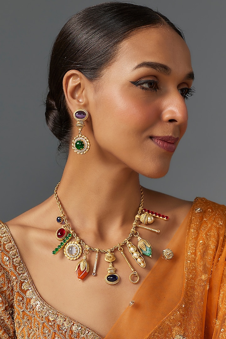 Matte Gold Finish Zircon & Multi-Colored Stone Necklace Set by Studio6 Jewels at Pernia's Pop Up Shop