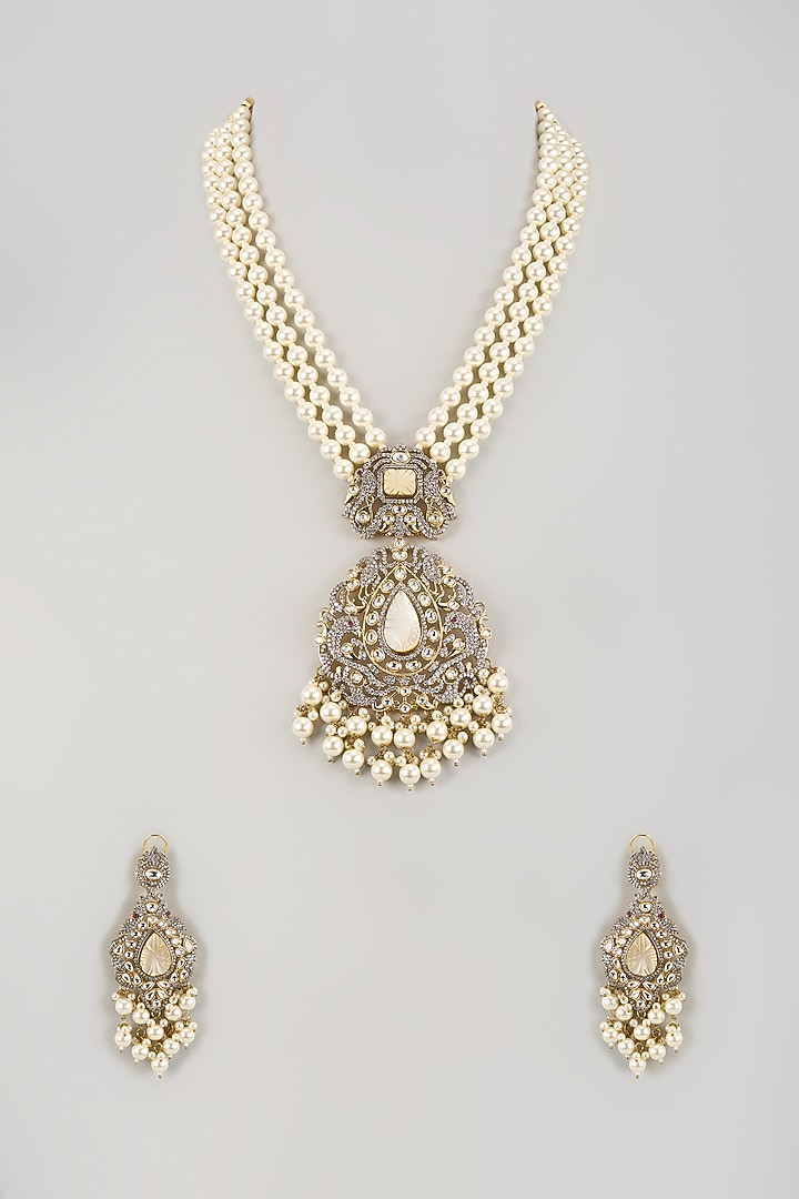 Gold Finish Pearl Long Necklace Set by Studio6 Jewels at Pernia's Pop Up Shop