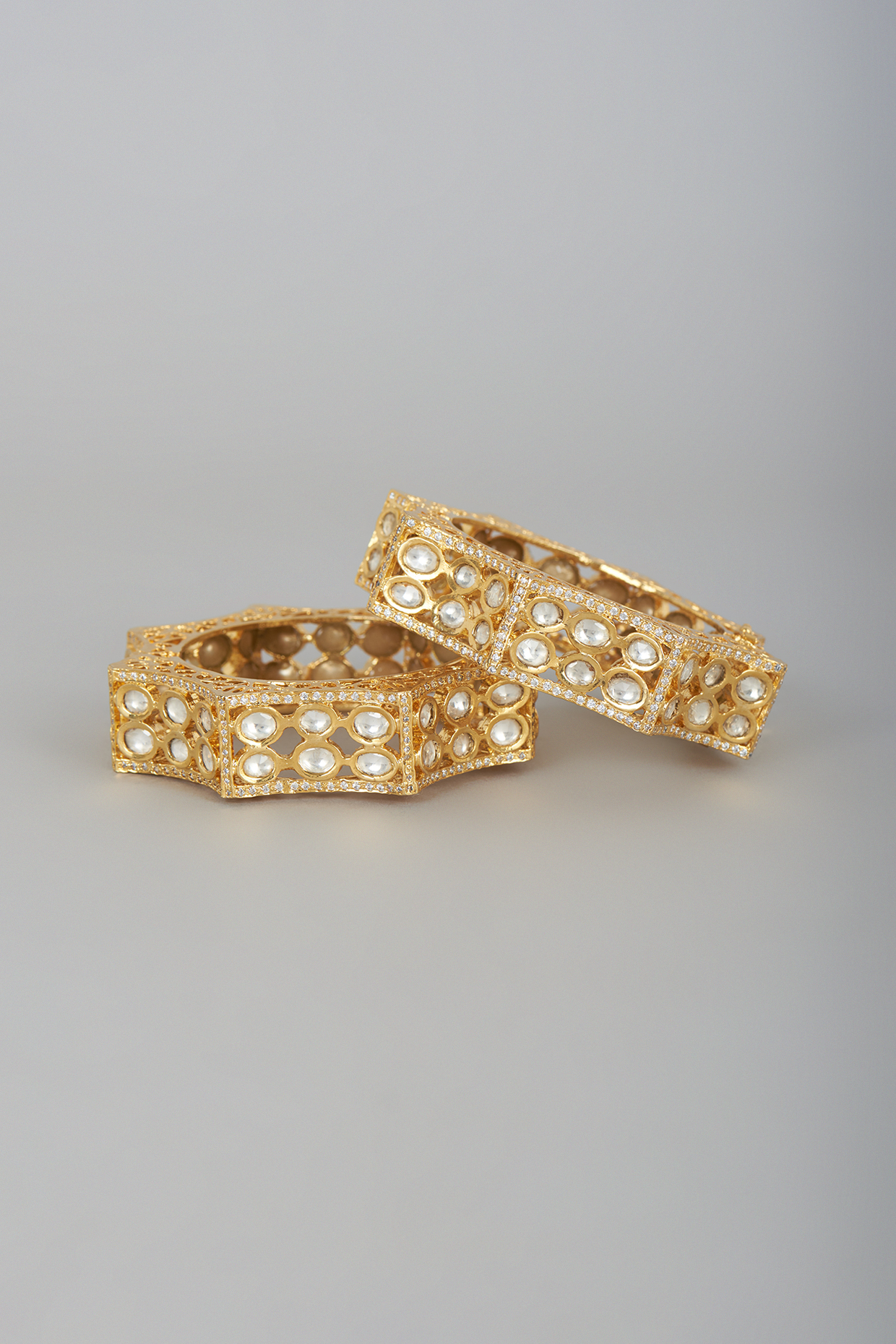 Gold Finish Bangles With Kundan Polki (Set Of 2) by Studio6 Jewels