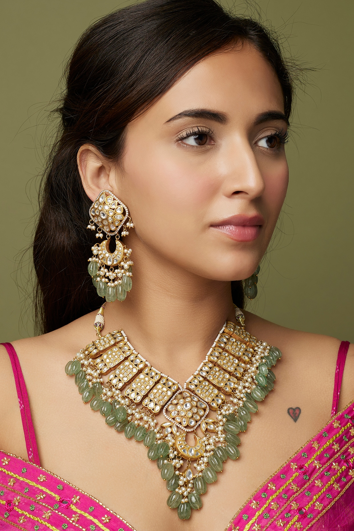 Gold Finish Kundan Polki Jade Necklace Set Design by Studio6