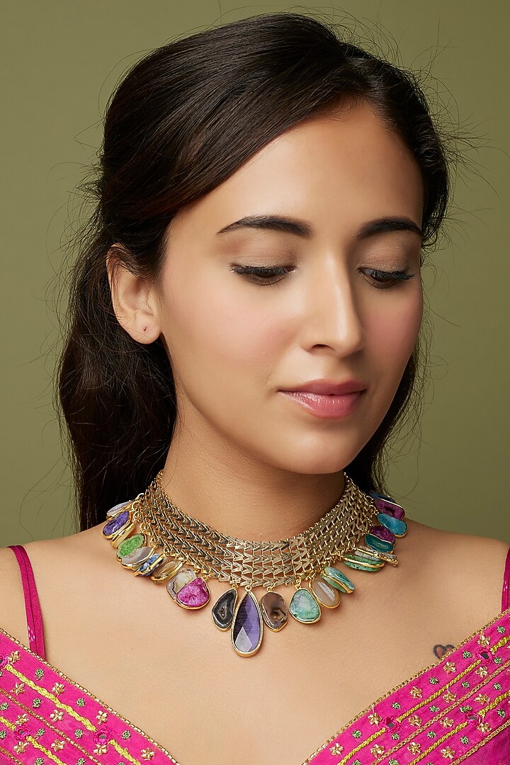 Gold Finish Agate Stones Choker Necklace by Studio6 Jewels at Pernia's