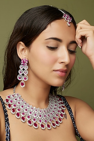 White Finish Pink Stones Necklace Set by Studio6 Jewels