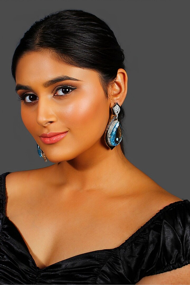 White Finish Blue Crystal & Zircon Enameled Dangler Earrings by Studio6 Jewels at Pernia's Pop Up Shop