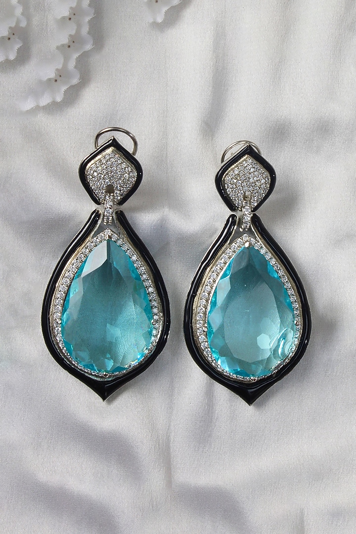 White Finish Blue Crystal & Zircon Enameled Dangler Earrings by Studio6 Jewels at Pernia's Pop Up Shop