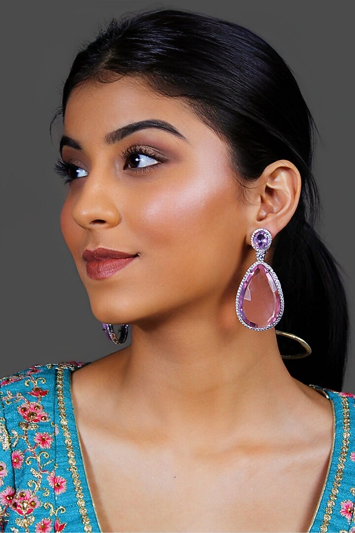 White Finish Pink Synthetic Stone Tear Drop Dangler Earrings by Studio6 Jewels at Pernia's Pop Up Shop