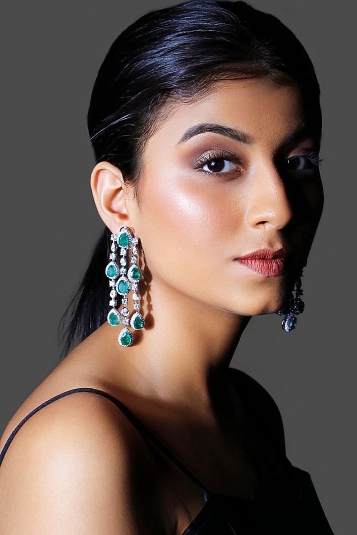 White Finish Green Stone & Zircon Dangler Earrings by Studio6 Jewels at Pernia's Pop Up Shop