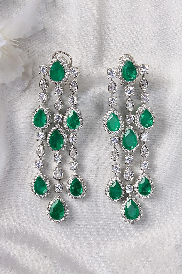 White Finish Green Stone & Zircon Dangler Earrings by Studio6 Jewels at Pernia's Pop Up Shop