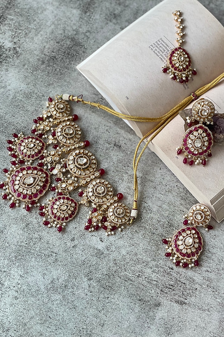 Gold Finish Kundan & Red Stone Choker Necklace Set by Studio6 Jewels at Pernia's Pop Up Shop