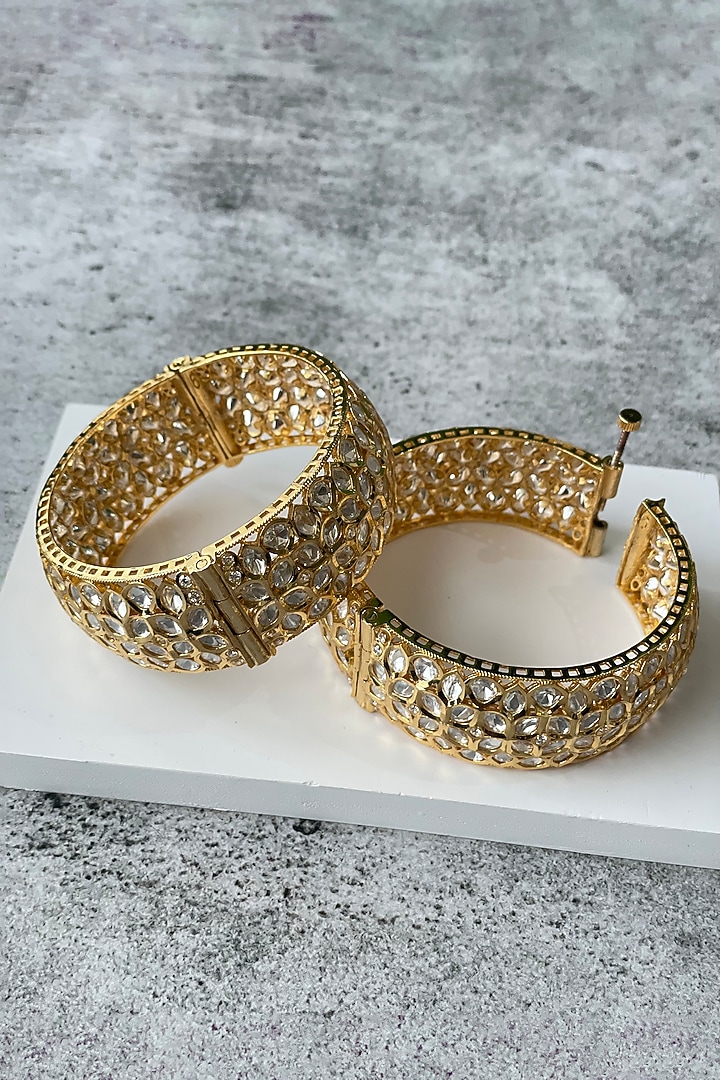 Gold Finish Kundan Polki Bangles (Set of 2) by Studio6 Jewels at Pernia's Pop Up Shop