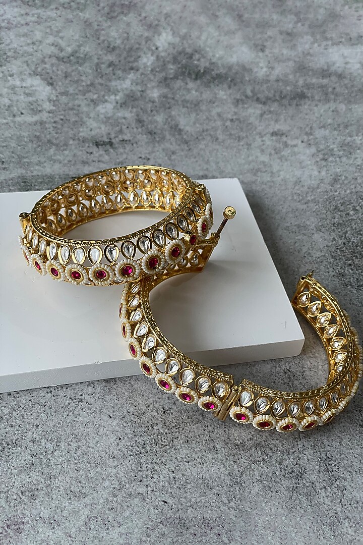 Gold Finish Kundan Polki Bangles (Set of 2) by Studio6 Jewels at Pernia's Pop Up Shop