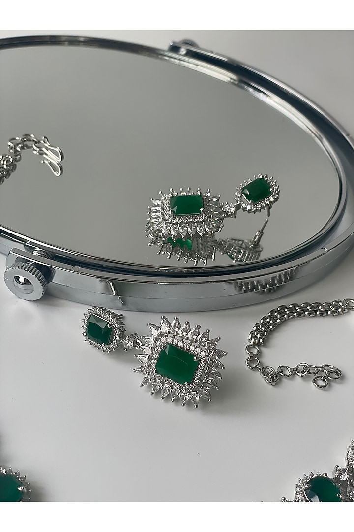 White Finish Zircon & Green Stone Long Necklace Set by Studio6 Jewels at Pernia's Pop Up Shop