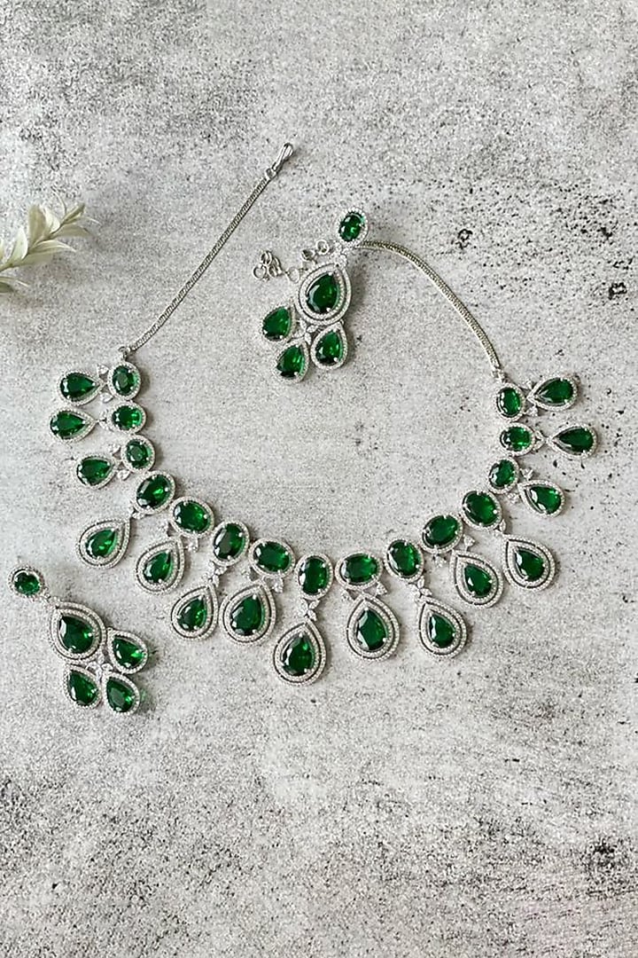 White Finish Zircon & Green Stone Necklace Set by Studio6 Jewels at Pernia's Pop Up Shop
