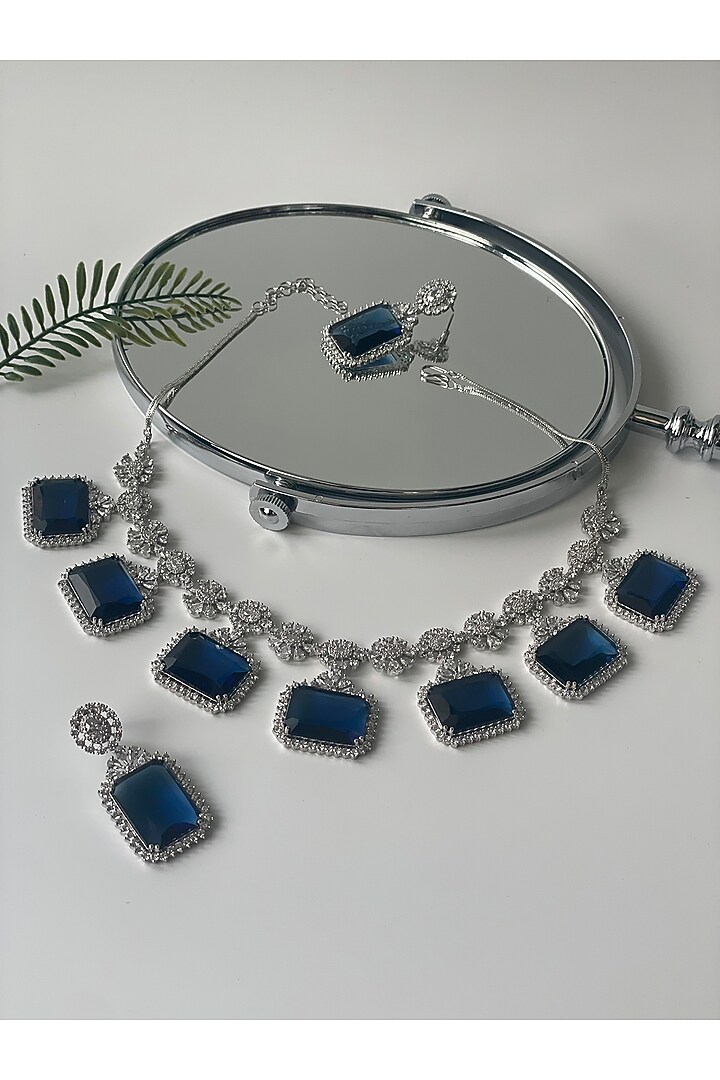 White Finish Zircon & Blue Stone Necklace Set by Studio6 Jewels at Pernia's Pop Up Shop
