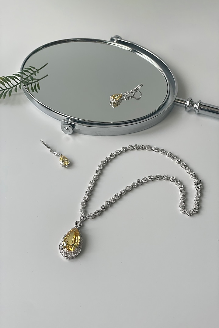 White Finish Zircon & Yellow Stone Long Necklace Set by Studio6 Jewels