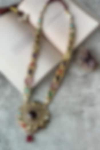 Gold Finish Navratna Stone Long Necklace by Studio6 Jewels at Pernia's Pop Up Shop