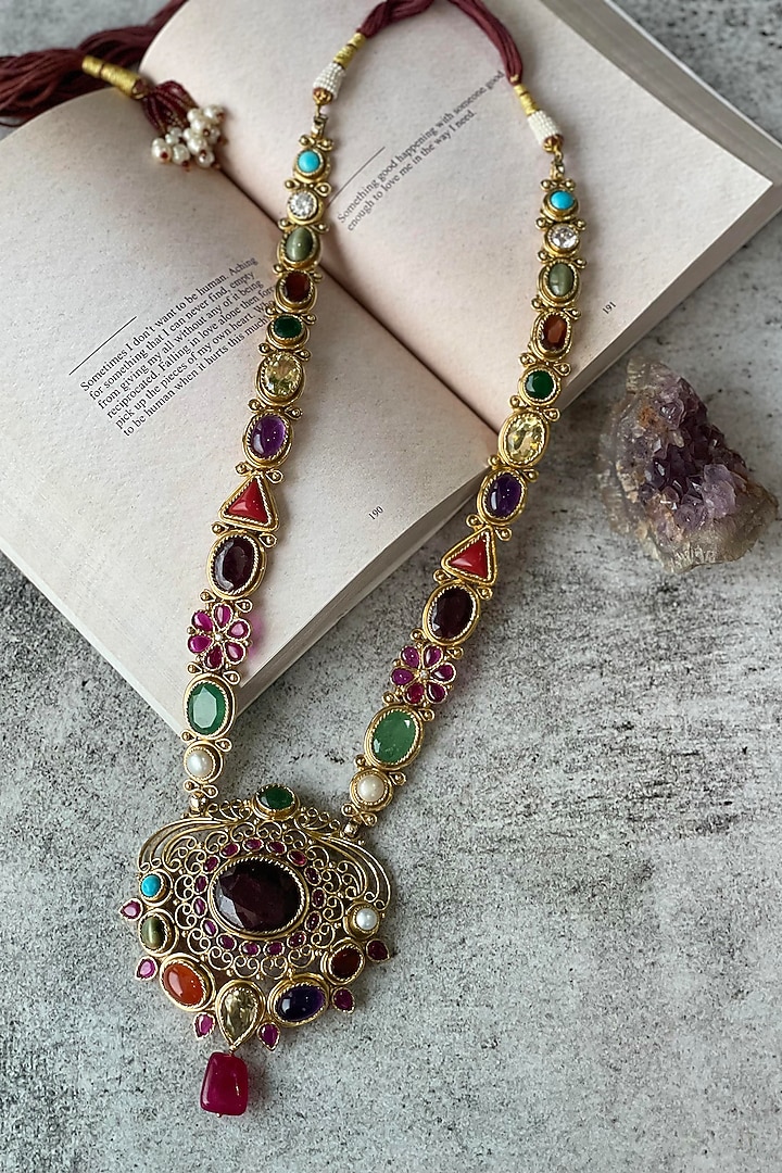 Gold Finish Navratna Stone Long Necklace by Studio6 Jewels at Pernia's Pop Up Shop