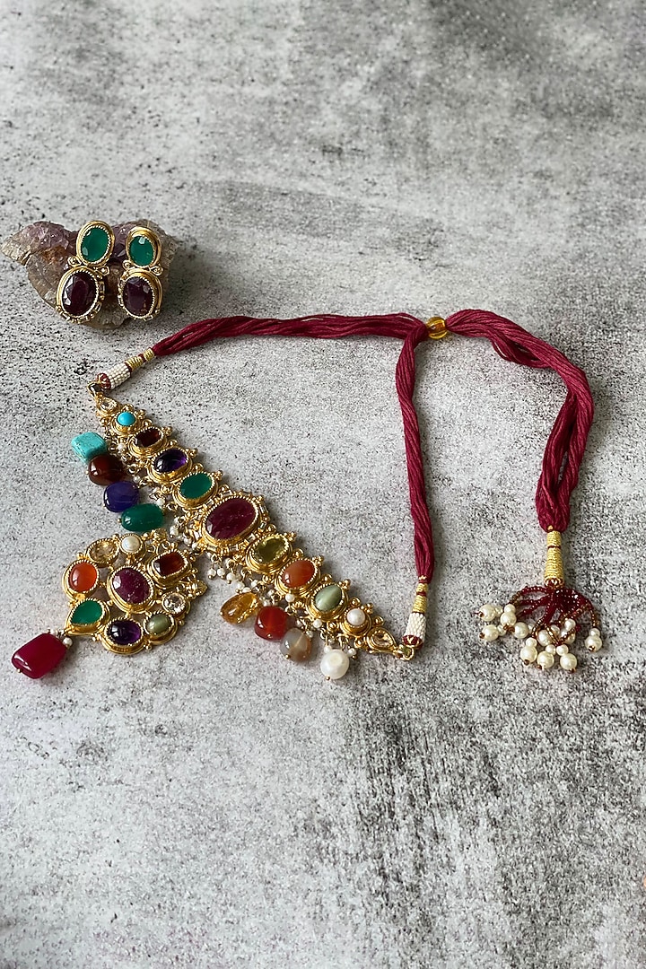Gold Finish Navratna Stone Choker Necklace Set by Studio6 Jewels at Pernia's Pop Up Shop