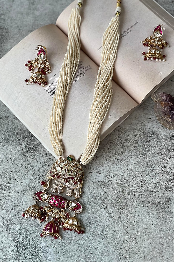 Gold Finish Pearl Motif Long Necklace Set by Studio6 Jewels at Pernia's Pop Up Shop