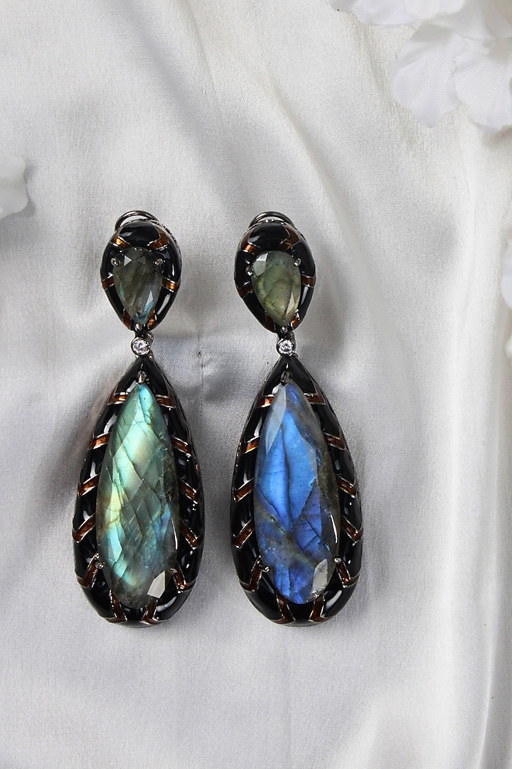 Black Rhodium Finish Blue Labradorite Enameled Dangler Earrings by Studio6 Jewels at Pernia's Pop Up Shop