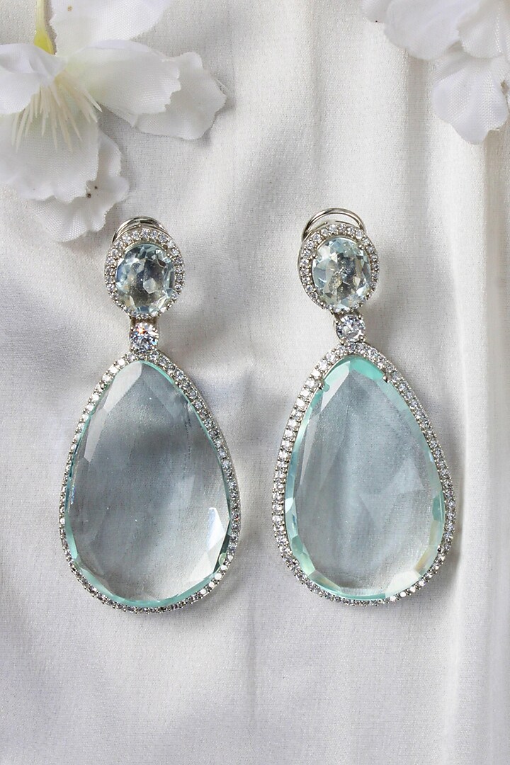 White Finish Aqua Synthetic Stone Tear Drop Dangler Earrings by Studio6 Jewels at Pernia's Pop Up Shop
