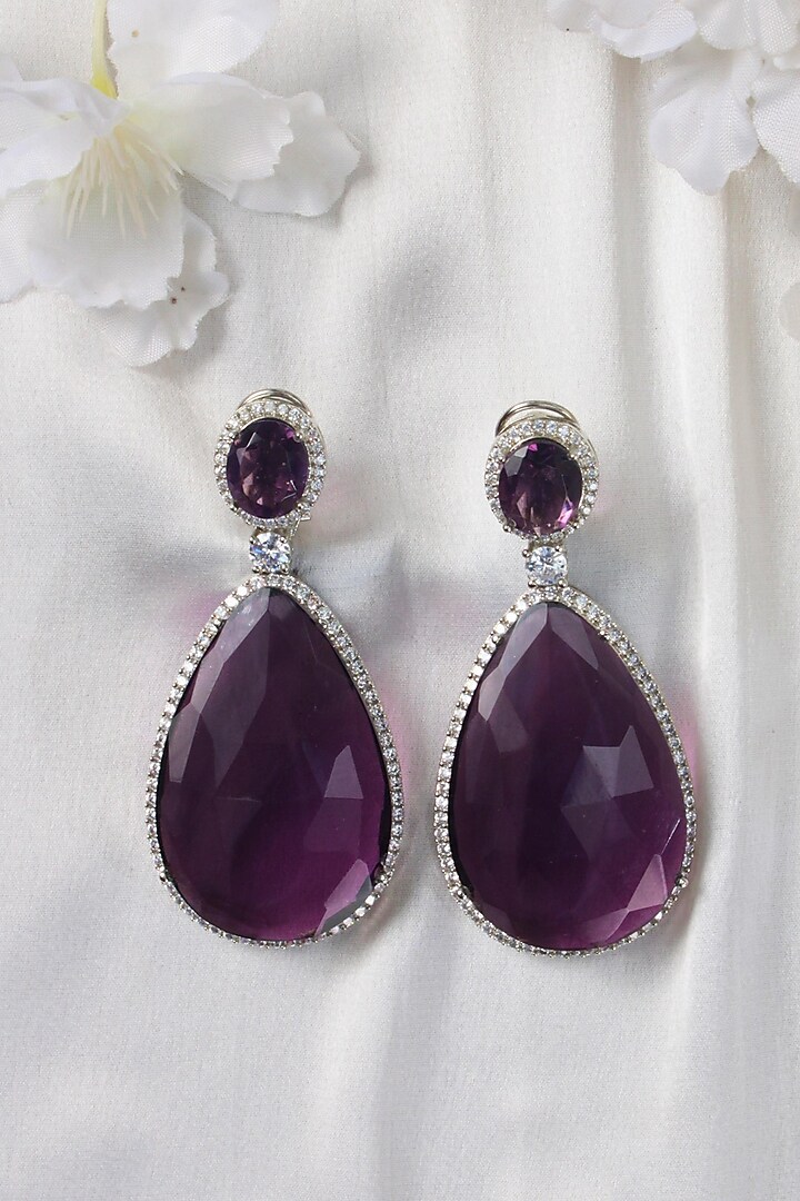 White Finish Purple Synthetic Stone Tear Drop Dangler Earrings by Studio6 Jewels at Pernia's Pop Up Shop