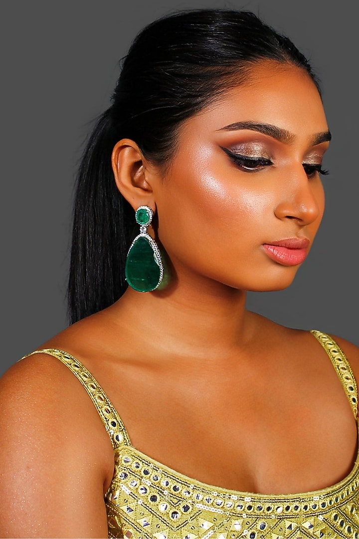 White Finish Green Synthetic Stone Tear Drop Dangler Earrings by Studio6 Jewels at Pernia's Pop Up Shop
