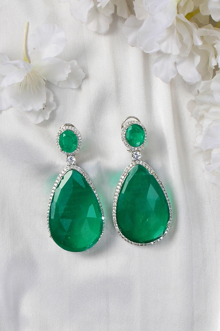 White Finish Green Synthetic Stone Tear Drop Dangler Earrings by Studio6 Jewels at Pernia's Pop Up Shop