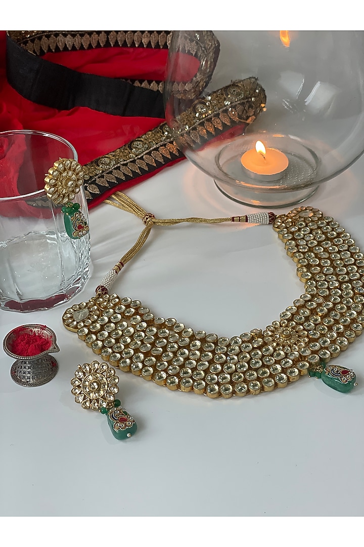 Gold Finish Zircon & Kundan Polki Choker Necklace Set by Studio6 Jewels at Pernia's Pop Up Shop