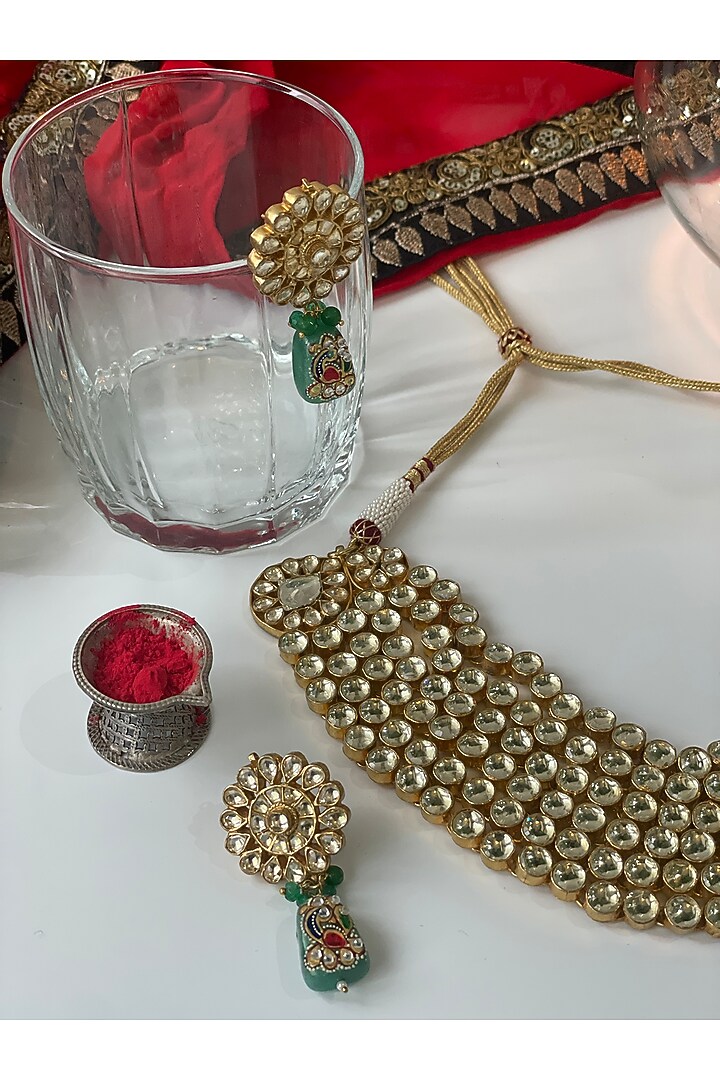 Gold Finish Zircon & Kundan Polki Choker Necklace Set by Studio6 Jewels at Pernia's Pop Up Shop