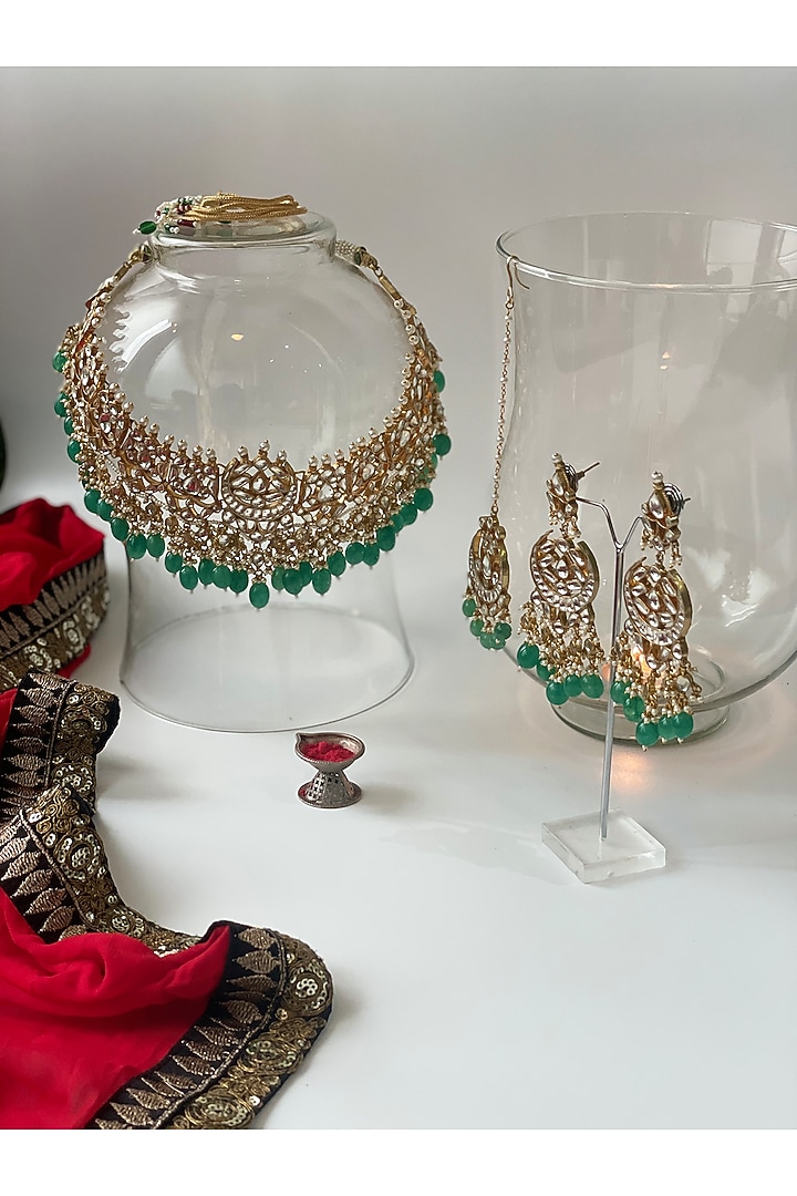 Gold Finish Kundan Polki Choker Necklace Set by Studio6 Jewels at Pernia's Pop Up Shop
