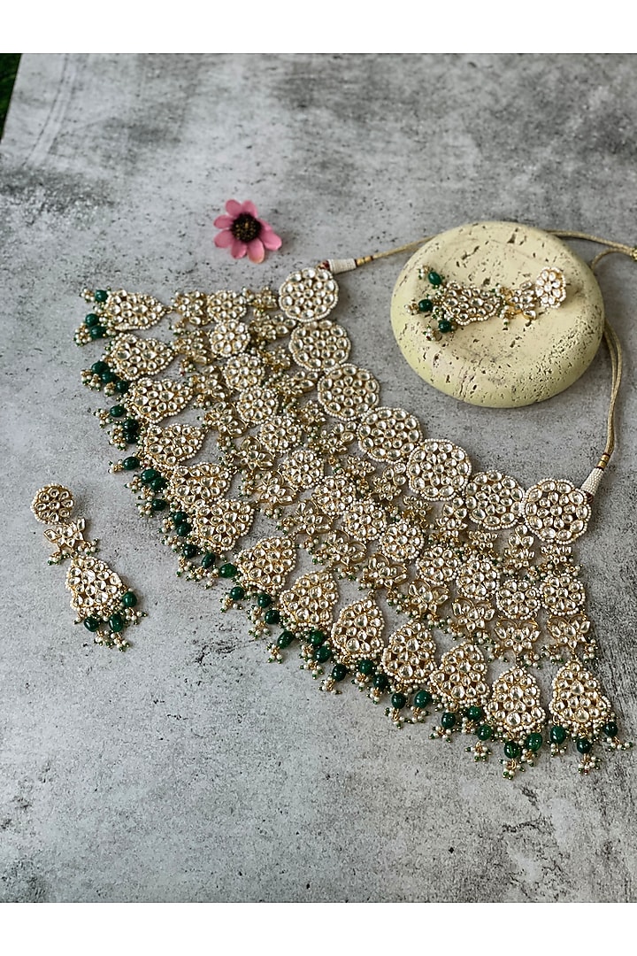 Gold Finish Uncut Kundan Polki Choker Necklace Set by Studio6 Jewels at Pernia's Pop Up Shop