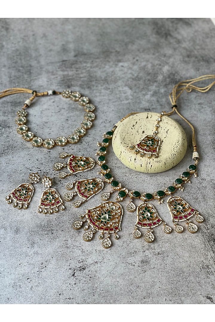 Gold Finish Kundan Polki Choker Necklace Set by Studio6 Jewels at Pernia's Pop Up Shop