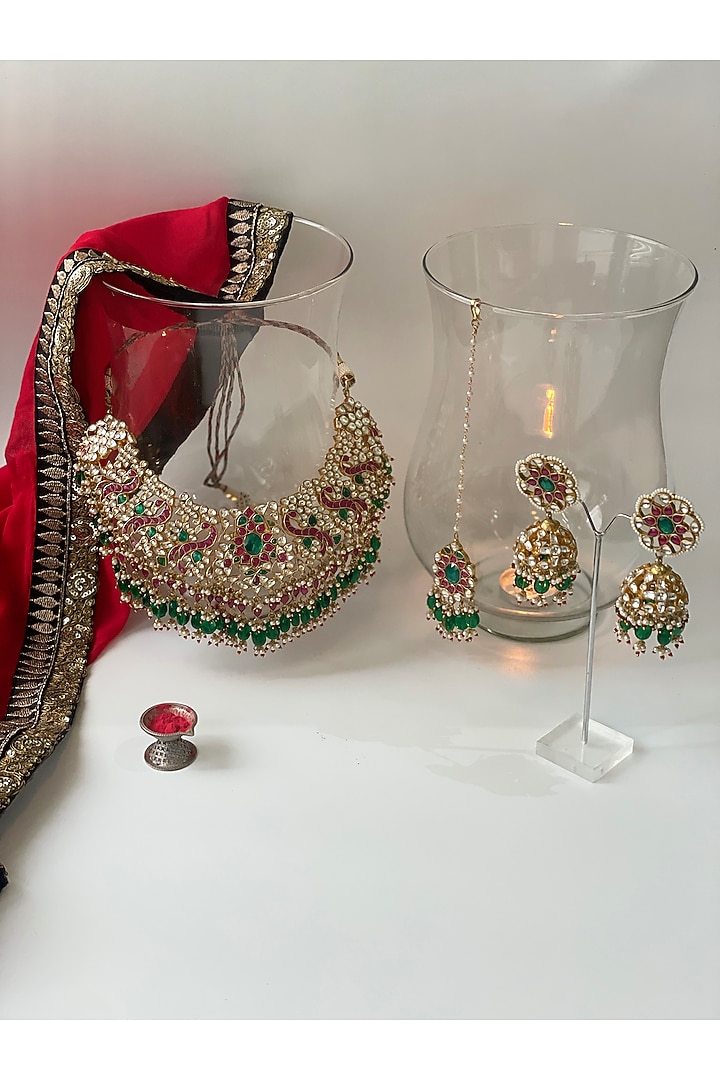 Gold Finish Kundan Polki Meenakari Choker Necklace Set by Studio6 Jewels at Pernia's Pop Up Shop