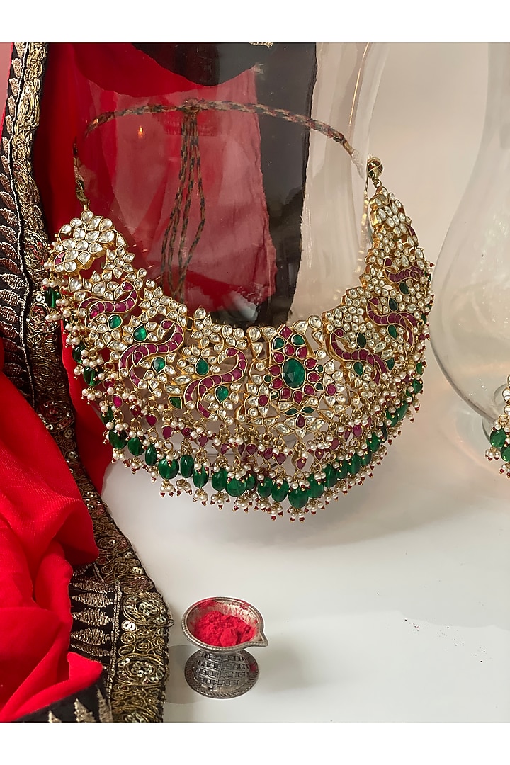 Gold Finish Kundan Polki Meenakari Choker Necklace Set by Studio6 Jewels at Pernia's Pop Up Shop