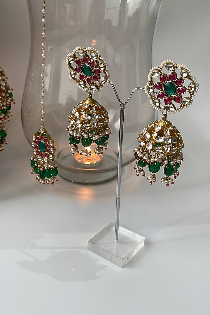 Gold Finish Kundan Polki Meenakari Choker Necklace Set by Studio6 Jewels at Pernia's Pop Up Shop