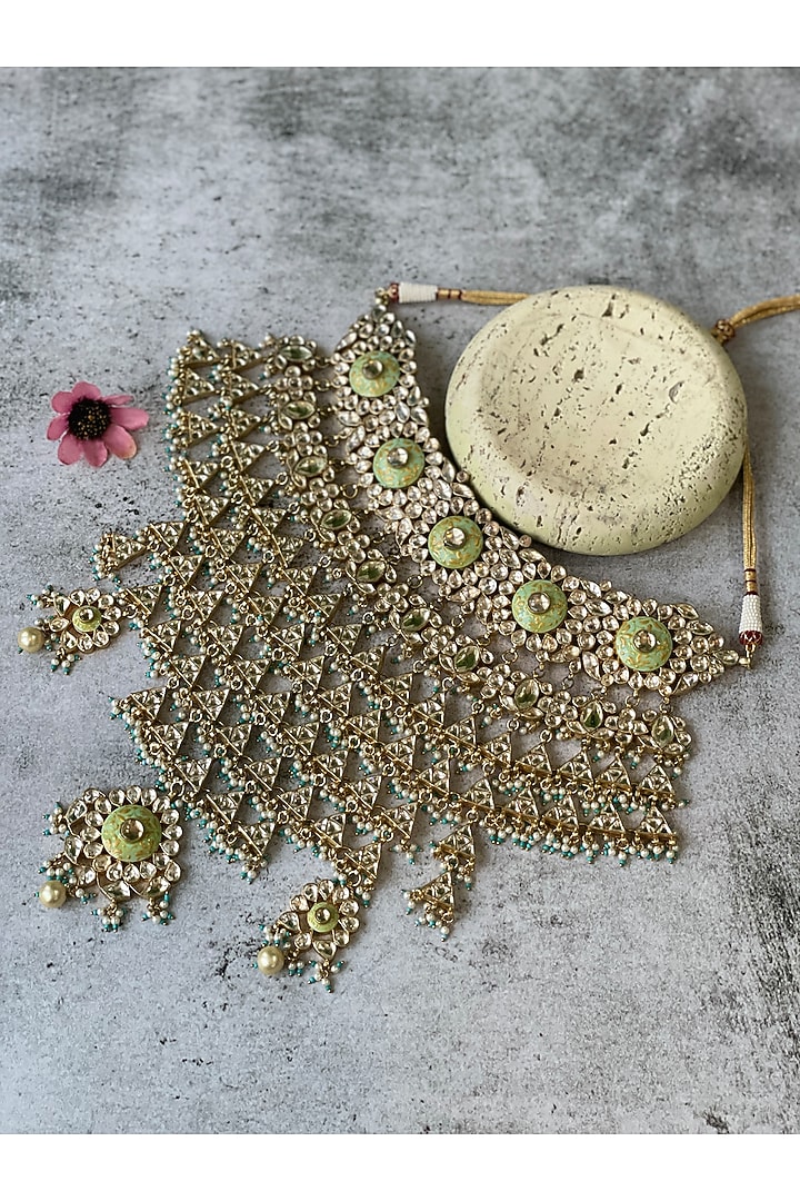 Gold Finish Pachi Kundan Polki Choker Necklace Set by Studio6 Jewels at Pernia's Pop Up Shop