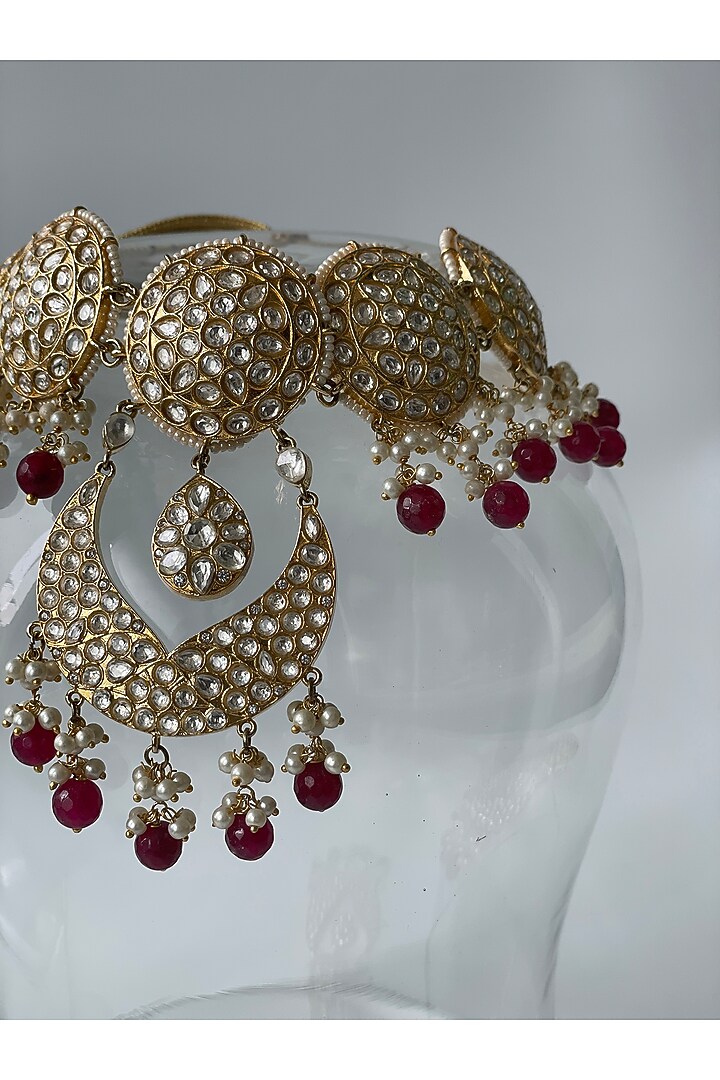 Gold Finish Red Beaded & Kundan Polki Choker Necklace Set by Studio6 Jewels at Pernia's Pop Up Shop