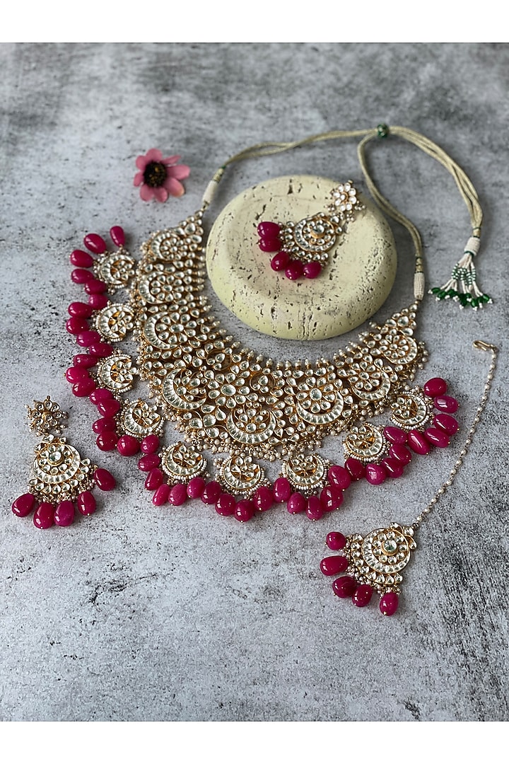 Gold Finish Kundan Polki & Red Baroque Pearl Choker Necklace Set by Studio6 Jewels at Pernia's Pop Up Shop