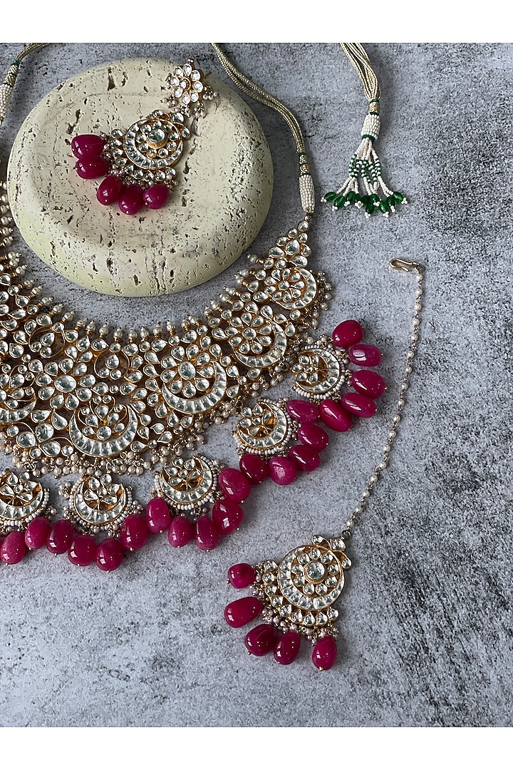 Gold Finish Kundan Polki & Red Baroque Pearl Choker Necklace Set by Studio6 Jewels at Pernia's Pop Up Shop