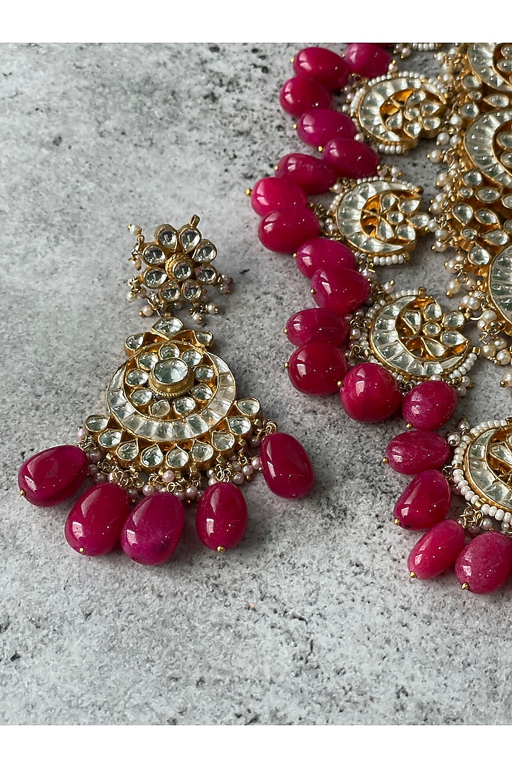 Gold Finish Kundan Polki & Red Baroque Pearl Choker Necklace Set by Studio6 Jewels at Pernia's Pop Up Shop