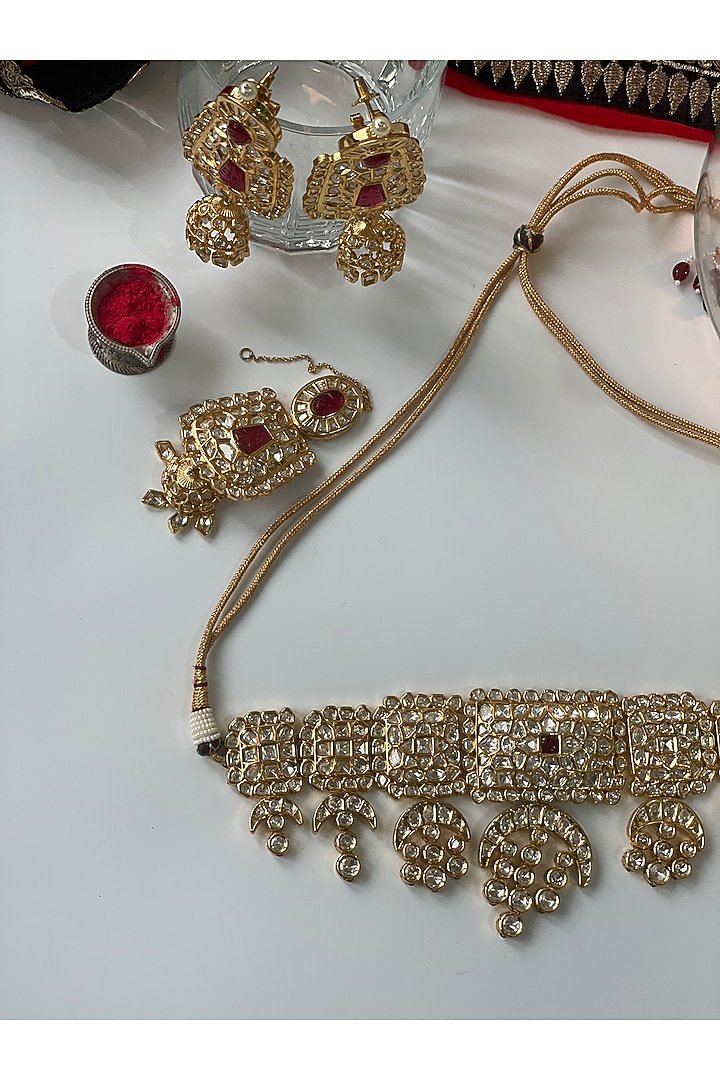 Gold Finish Kundan Polki & Red Stone Choker Necklace Set by Studio6 Jewels at Pernia's Pop Up Shop