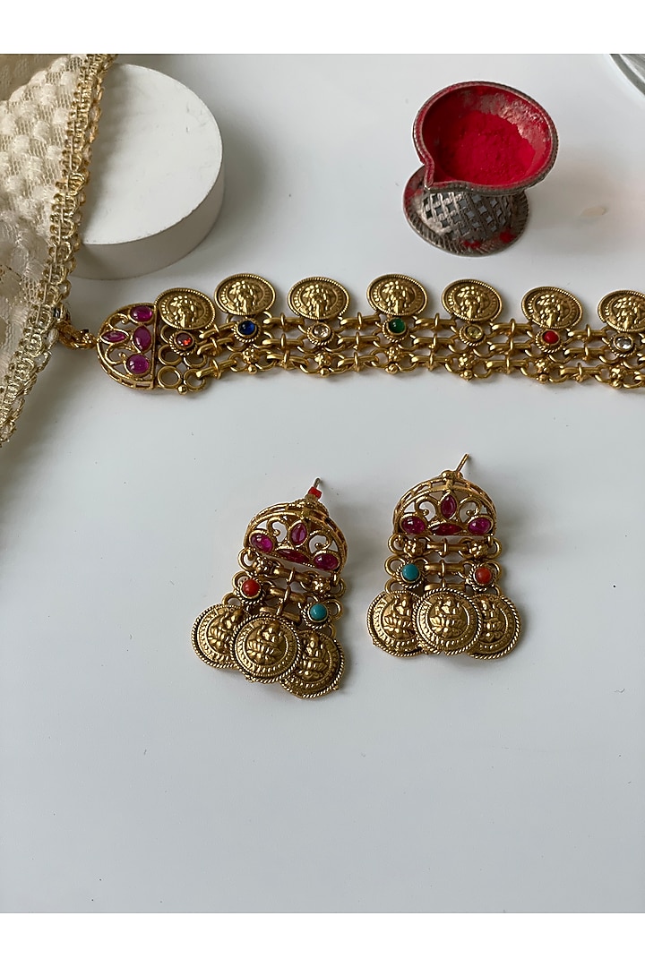 Gold Finish Temple Choker Necklace Set by Studio6 Jewels at Pernia's Pop Up Shop