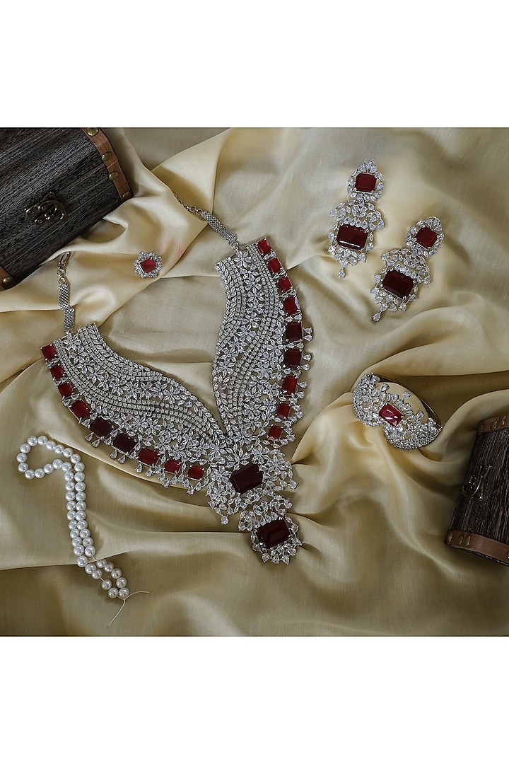 White Finish Zircon & Red Stone Long Necklace Set by Studio6 Jewels at Pernia's Pop Up Shop