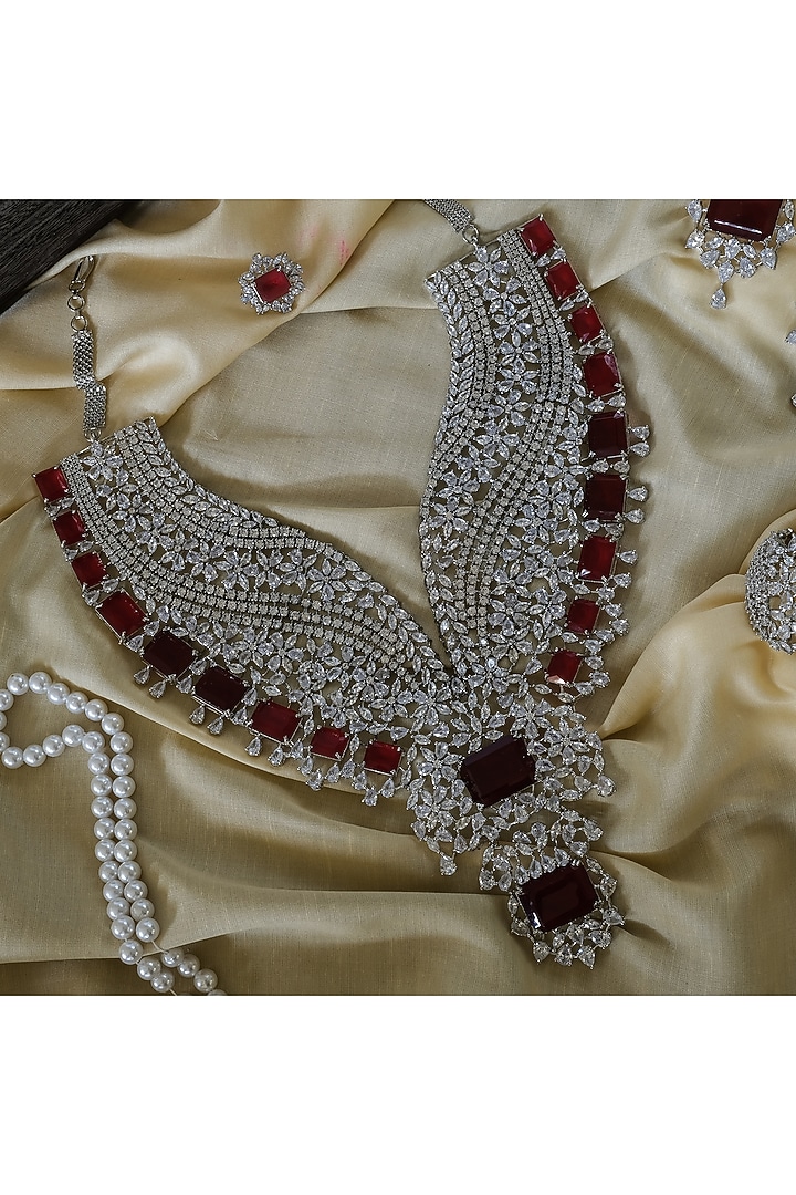 White Finish Zircon & Red Stone Long Necklace Set by Studio6 Jewels at Pernia's Pop Up Shop