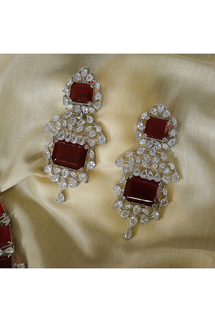 White Finish Zircon & Red Stone Long Necklace Set by Studio6 Jewels at Pernia's Pop Up Shop