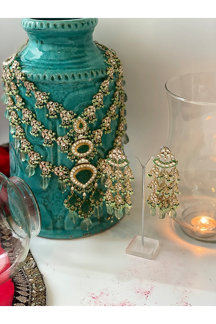 Gold Finish Pastel Kundan Polki Layered Necklace Set by Studio6 Jewels at Pernia's Pop Up Shop