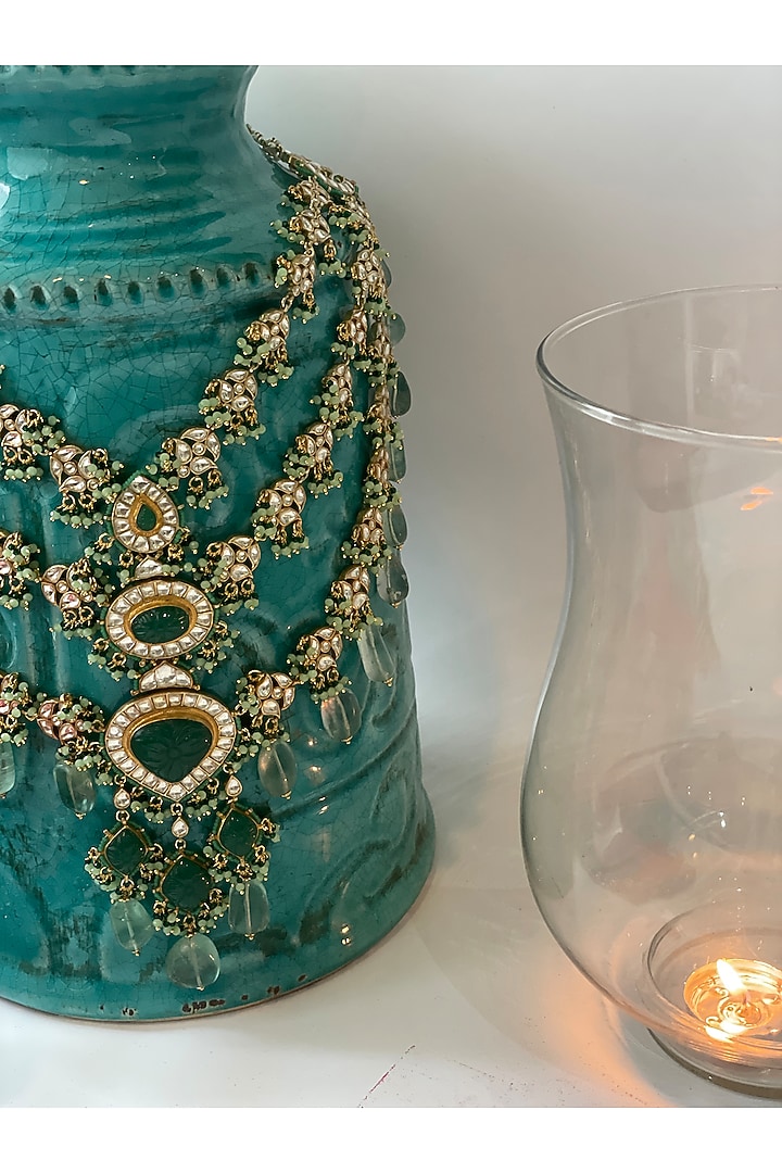 Gold Finish Pastel Kundan Polki Layered Necklace Set by Studio6 Jewels at Pernia's Pop Up Shop