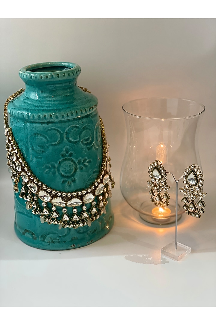 Gold Finish Kundan Polki & Pastel Beaded Long Necklace Set by Studio6 Jewels at Pernia's Pop Up Shop
